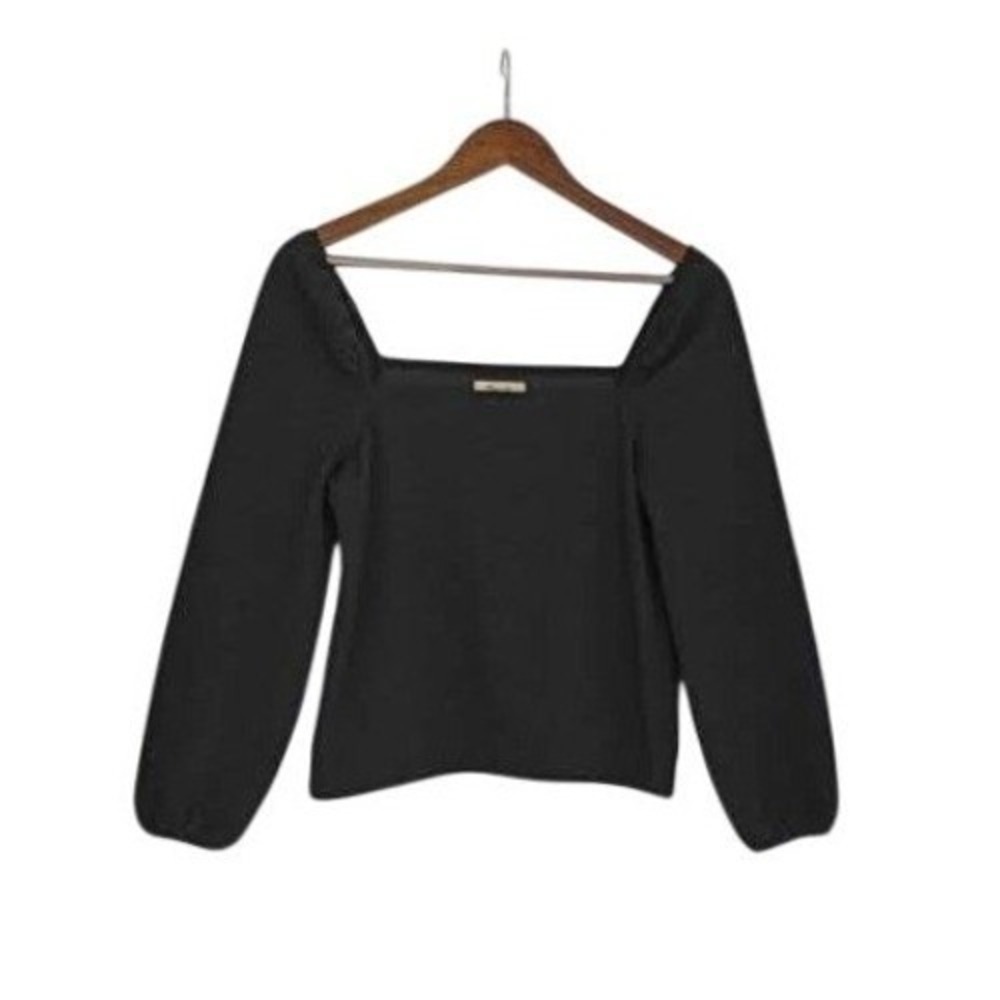 Madewell Romantic Soft Girl Black Square Neck Puff Sleeve‎ Top Fitted Knit S
